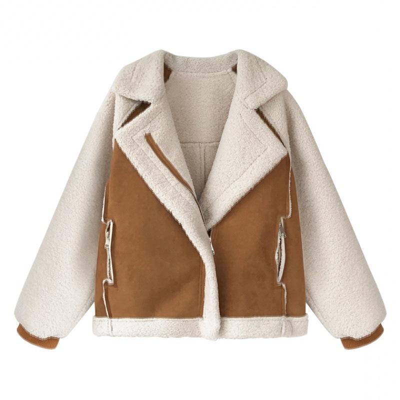 Giubbotti invernali da donna in finta pelle di pecora shearling finta pelle da donna Cappotti corti da motociclista marroni in pelle scamosciata spessa e calda