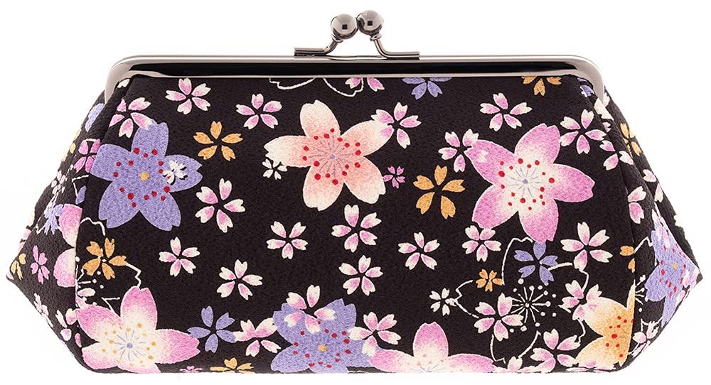 

Watona Chirimen Cosmetic Pouch with Clasp Width Closure, 18cm-21.5cm [Large, 5.5 Sun] (02 Nigizakura, Black)
