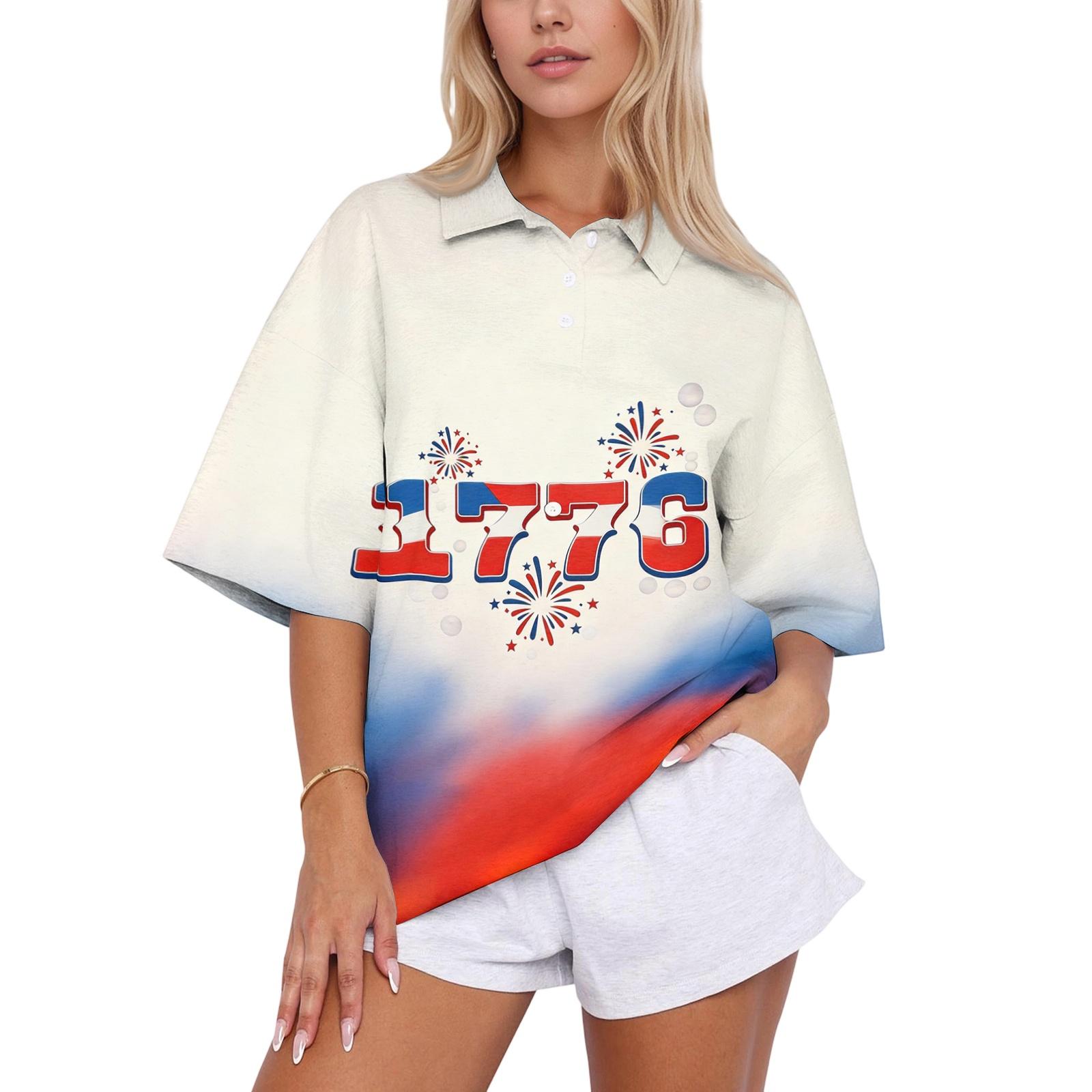 

Women s Casual Polo Shirt Loose Fit Short Sleeve Top with Printed Front Design Lightweight Breathable Fabric Summer Wear M бежевый