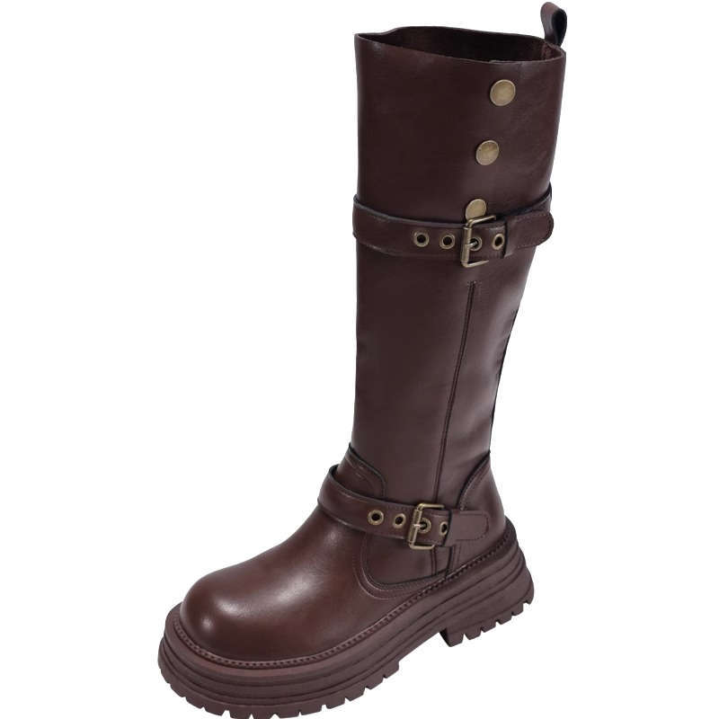 Brown retro British style thick heel platform boots women's 2025 new autumn but knee height knight boots
