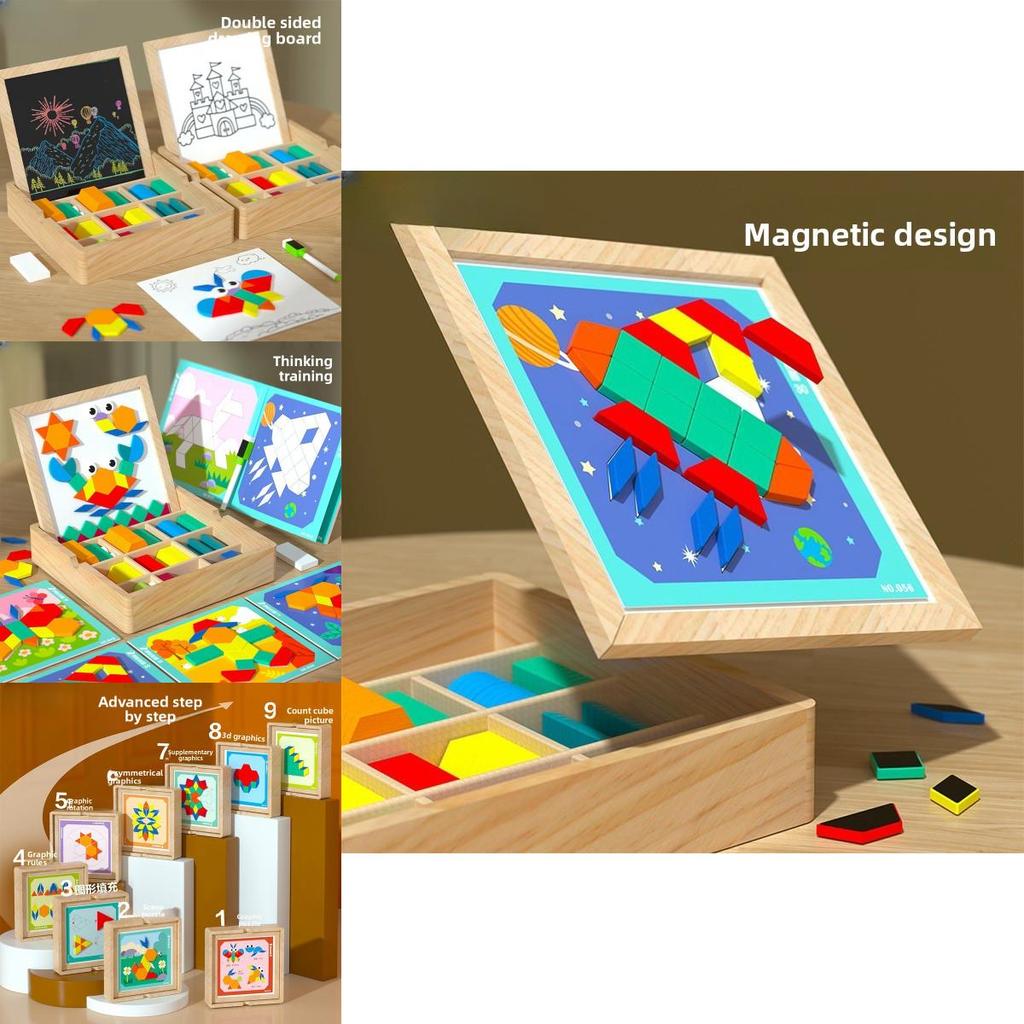 Wooden Magnetic Creative Tangram Puzzle Board With Geometric Building Blocks For Kids Learning