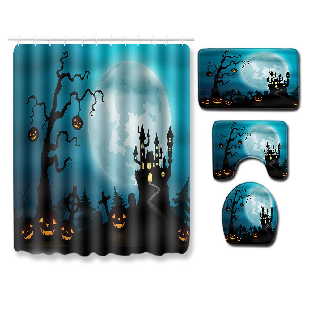 Halloween Duschvorhang Bodenmatte Kombination Vierteilige Haushalts-Fußmatte Schlafzimmer Rutschfester Teppich