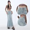 Women's High-Waisted Denim Fishtail Midi Skirt - Vintage Style, Raw Hem, Spring 2025