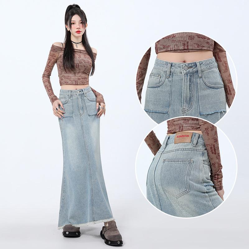 Women's High-Waisted Denim Fishtail Midi Skirt - Vintage Style, Raw Hem, Spring 2025