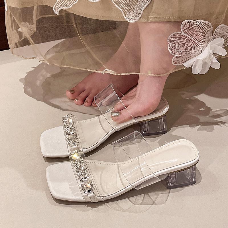 Transparente Kristallabsatz-Sandalen Damen Sommer 2025 neu chinesischer Stil Strass dicker Absatz Feenstil High Heel Pantoletten