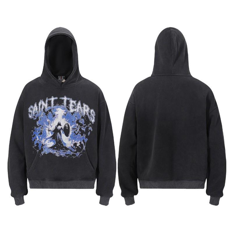 Sweat à capuche imprimé Ange Saint Michel Hommes Femmes Streetwear Américain Sweat-shirt à enfiler délavé Coupe décontractée ample