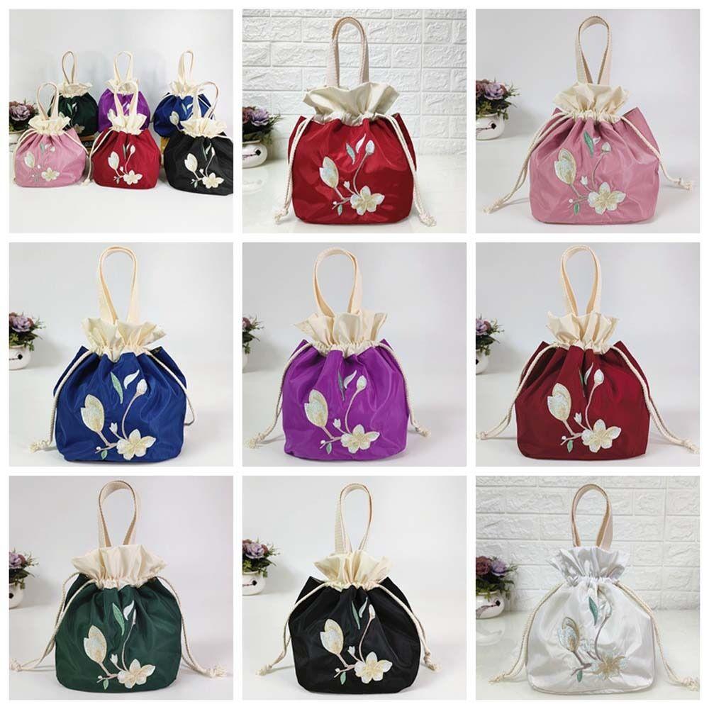 Satin Silk Embroidery Flower Handbag Ruffle Floral Bucket Bag Sweet Hanfu Drawstrings Bag  Shopping