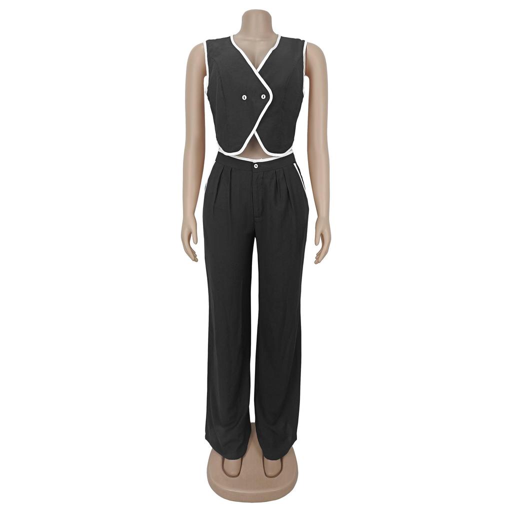 Women's Casual V-neck Button Top & Trousers Two-piece Set - New Fashion Europe/America