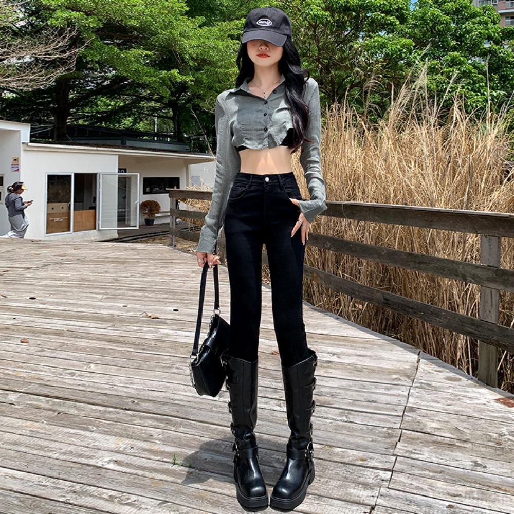 Versatile high-waisted small-footed jeans for women's 2025 new autumn and winter models, slim-fitting and thin jeans