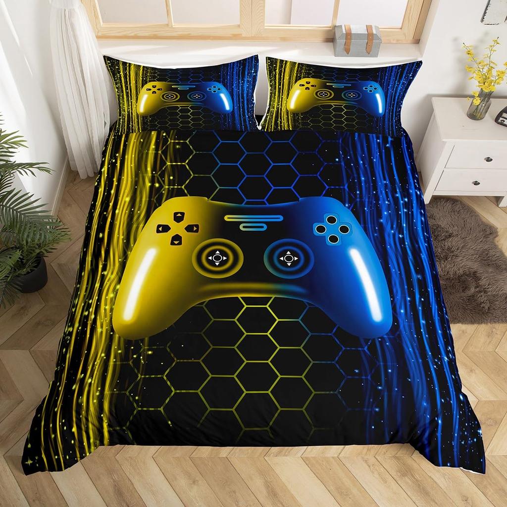 Comforter Gamer Bedding Set Gaming For Kids Teens Men Game Console Bed Set Geometry Stripes Honeycomb Hexagon Comforter