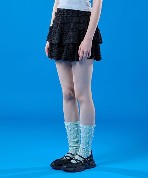 Collet Cooling Lace Chiffon Frill Tiered Mini Skirt [Black] Kcl.