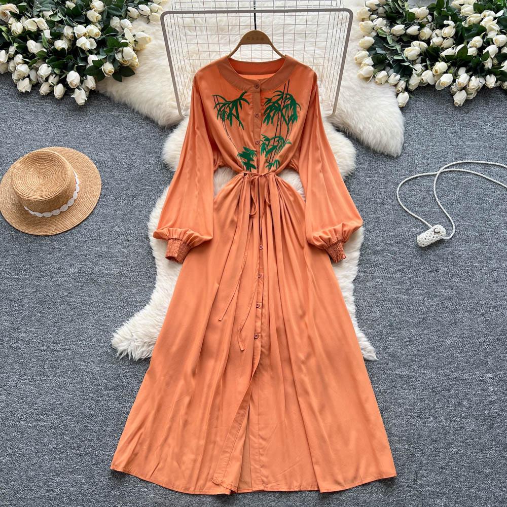 

Женское шикарное элегантное платье с длинным рукавом, на пуговицах, с вышивкой, приталенное бодикон, сексуальная вечерняя мода, женская одежда One Size оранжевый