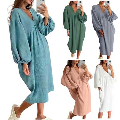 Vestido informal de algodón con cuello en V, plisado, manga larga abullonada y bolsillos sólidos para mujer