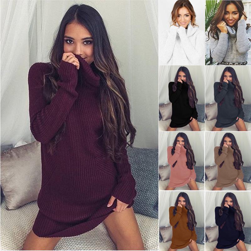 Women Warm Knitted Jumper Mini Dress Ladies High Neck Chunky Winter Sweater Top