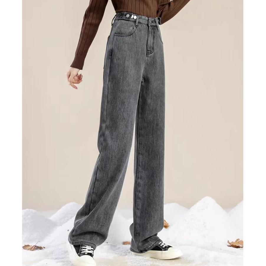 Plyšové džíny s vysokým pasem pro drobné ženy: Nové Zesílené, Hřejivé a Zeštíhlující Splývavé Rovné Široké Nohy pro Podzim a Zimu