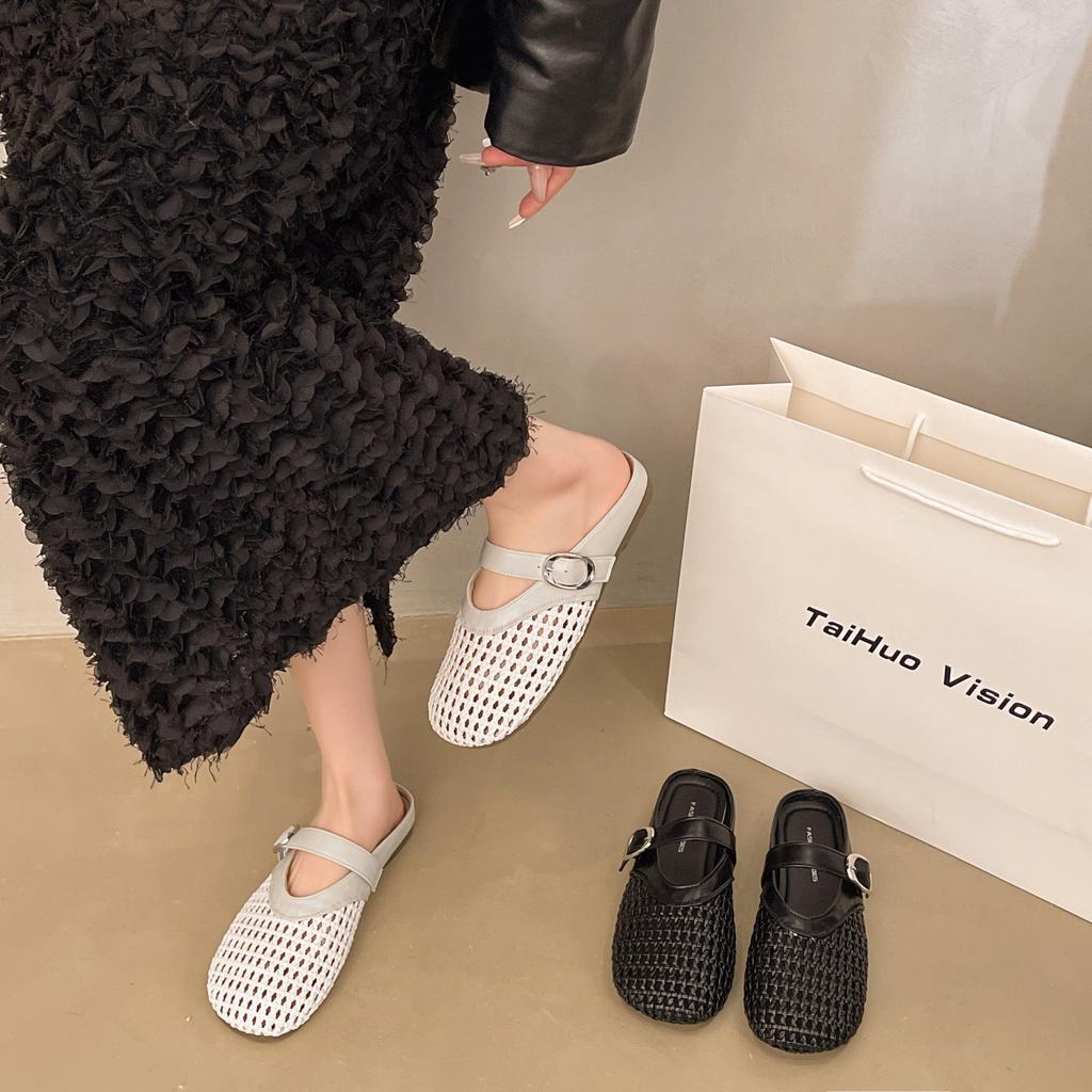 Soft leather bag head half slippers women's summer wear 2025 new Mary Jane hollow Roman fishing net shoes hole cool slippers