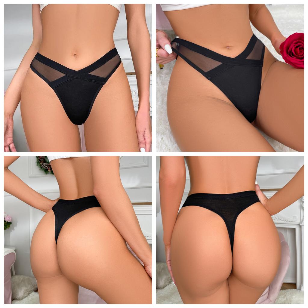 Women Sexy Thong Low Waist Mesh Solid Color Transparent Panties Cotton Crotch Sexy Lingerie G String Women Tangas