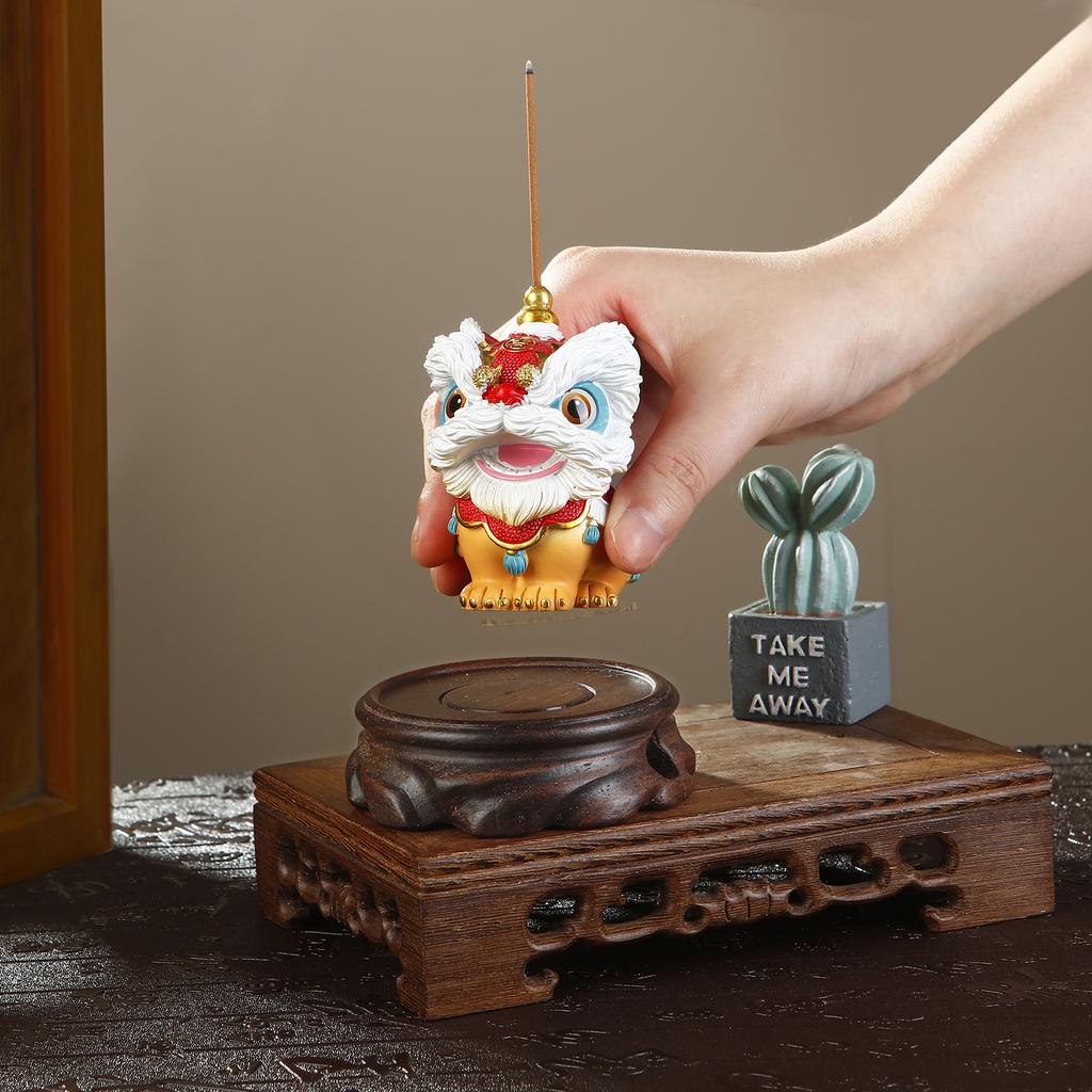 Resin Chinese Lion Incense Holder for Sticks Creative Incense Burne with Wooden Base for Yoga Meditation Home Decor
