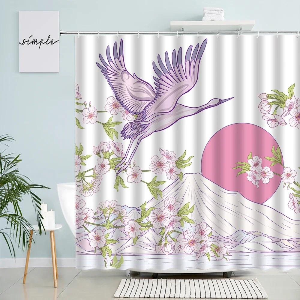 White Crane Shower Curtains Green Leaves Plants Japanese Style Stripe Pattern Decor Polyester Fabric Bathroom Curtain With Hooks