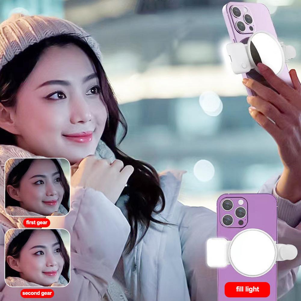 Universal Phone Camera Ring Mirror with Light Rear Camera Selfie Reflector Clip-on Makeup Light with Storage Pouch HD Reflection