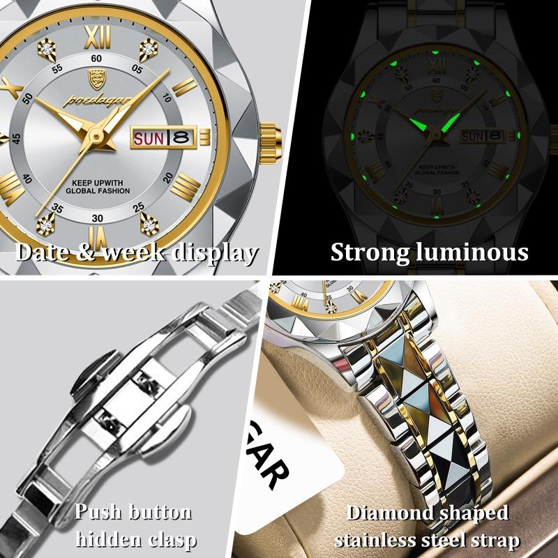 POEDAGAR Elegant Luxury Women Watch Luminous Waterproof Week Date Wristwatch Stainless Steel Fashion Quartz Ladies Watches