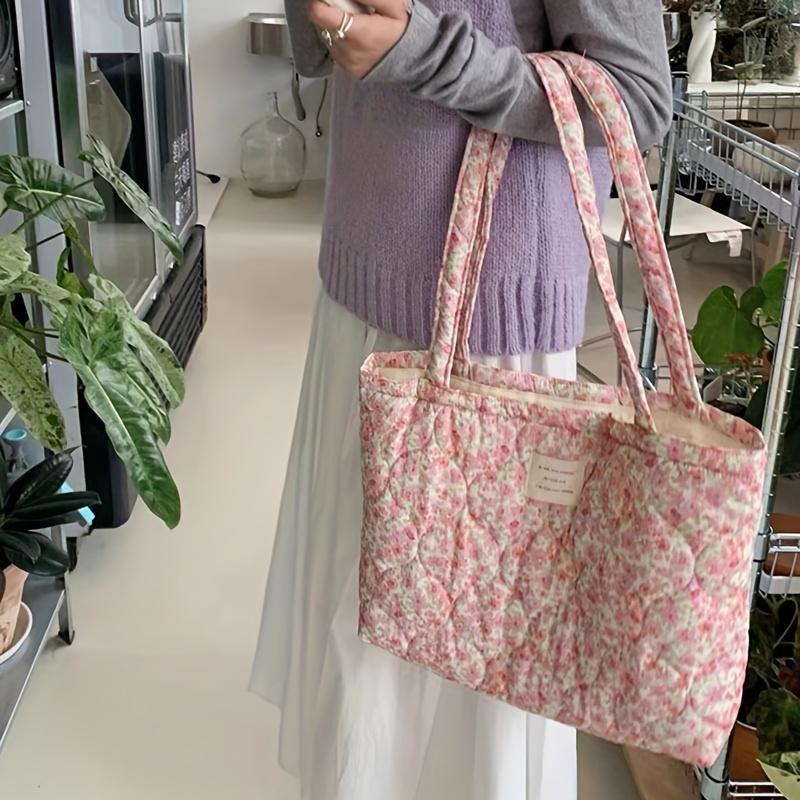 Large Capacity Floral Canvas Tote Bag Foldable Shoulder Bag with Fixed Straps, Canvas Lining, No-Closure Design, Machine Washable