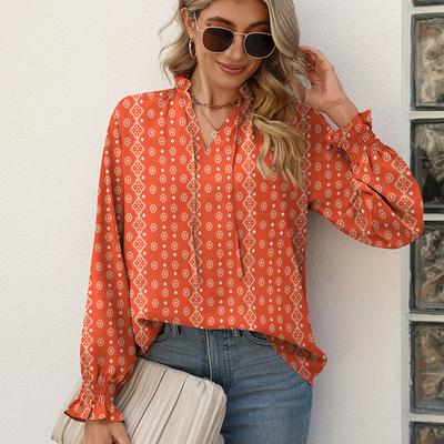 Print V-neck Long Sleeve for Women Ruffled Elastic Tie Long Shirt Casual Fashion Loose Work Vacation Long Sleeve Breathable Lightweight Pullover Top