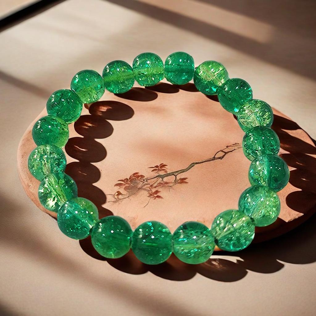 

Unisex 10mm Gradient Floral Glass Beaded Bracelet & Two-Color Wrap Ring Crystal Gift