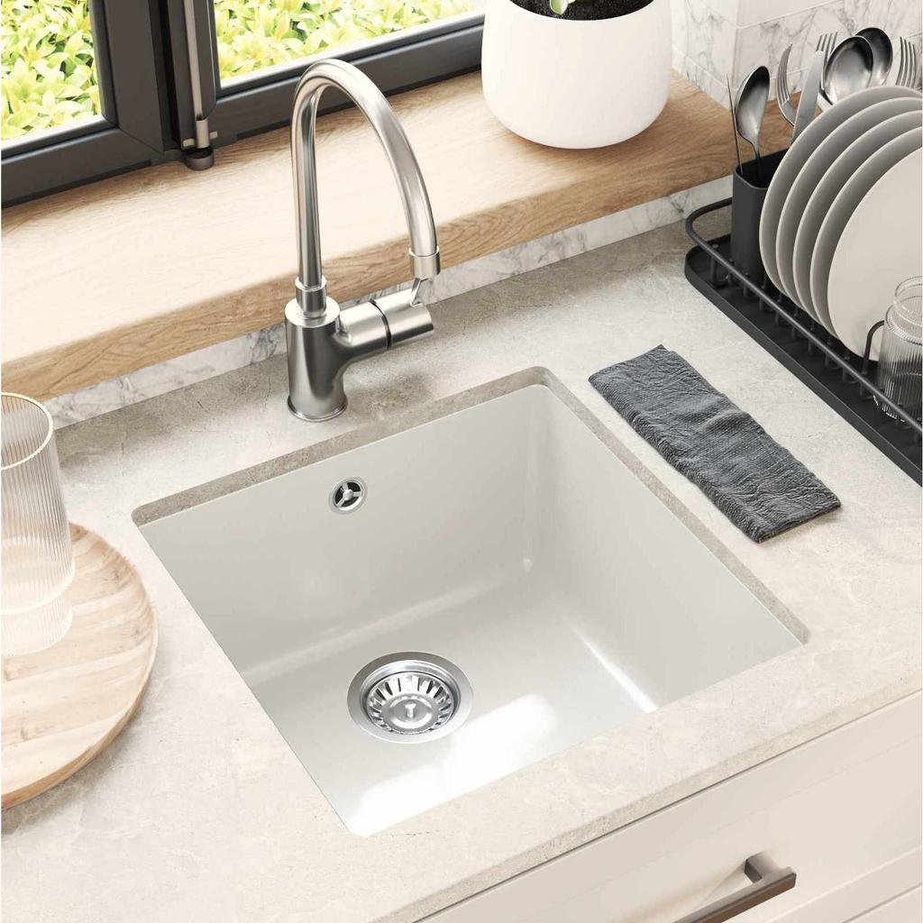 White Kitchen Sink 430 X 460 Mm Made of 80percent Quartz and 20percent Resin
