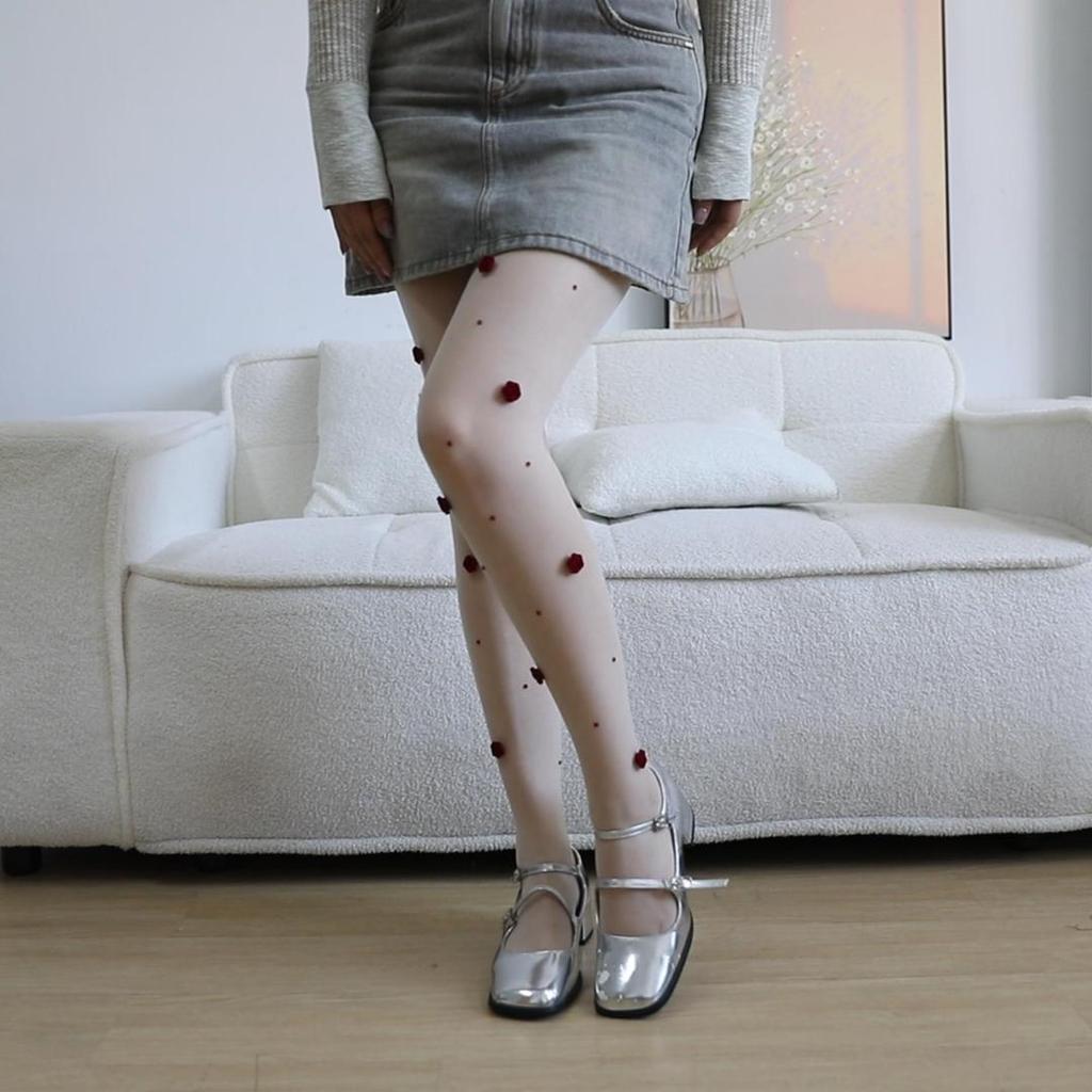 2026 Spring/Summer Women's 3D Red Rhinestone Rose Pattern Anti-Snag Sheer Tights/Stockings