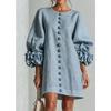 French Style 3D Floral Cotton Linen Dress, Lantern Sleeve Round Neck Single Breasted Loose Slimming Vacation Mini Dress