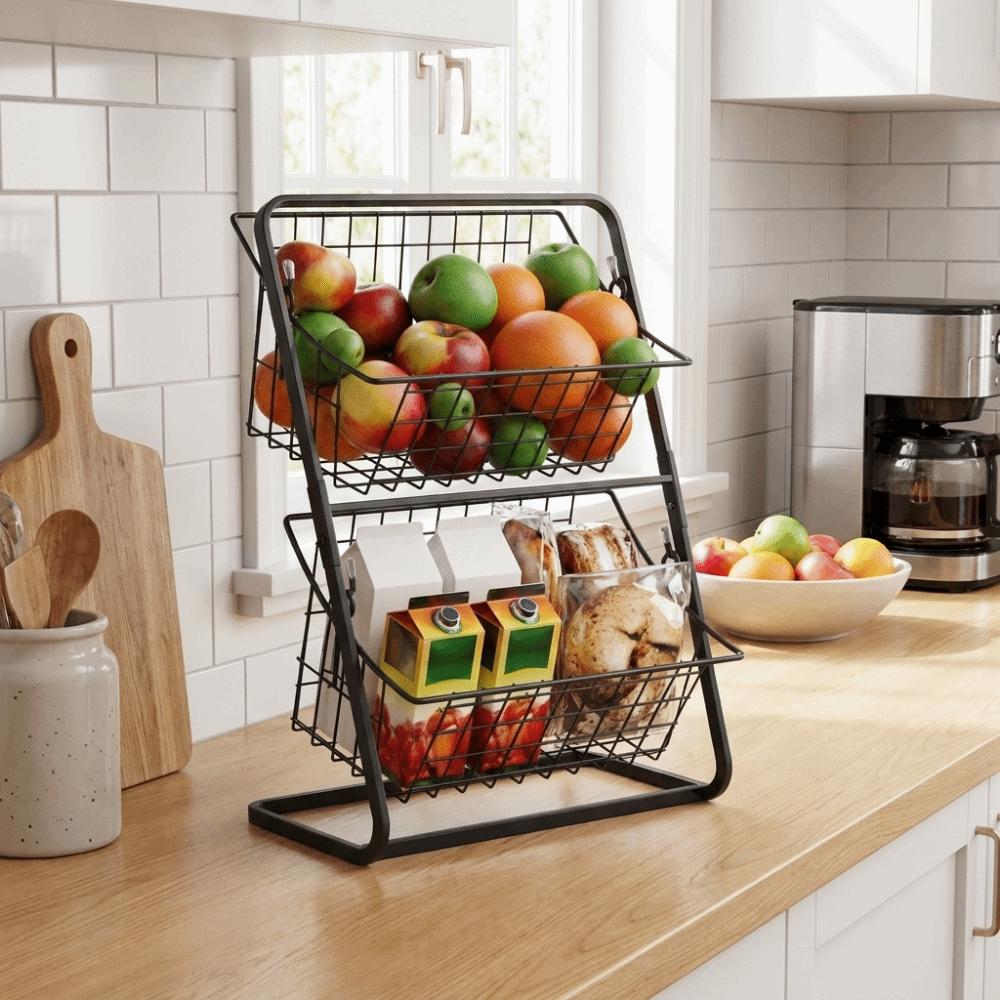 Detachable Double Layer Fruits Holder Iron Vegetables Fruit Storage Basket  Pantry