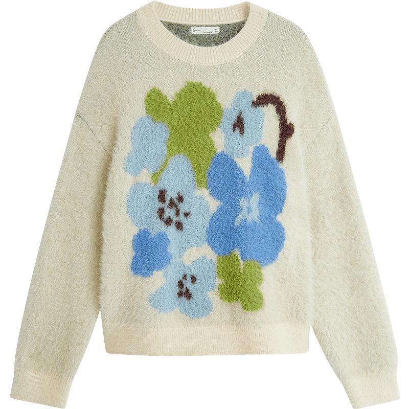 

INMAN Faux Mink Floral Jacquard Pullover Sweater L