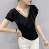 Summer Short Sleeved V Neck Women's T Shirt Elegant Slim Hot Drilling Ruffles Mesh Tees