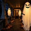 Remote Control Party Lights Halloween Lighted Hanging Ghost with Broom Decor, Flying Broomstick Ornaments Battery Operated Yard Lights, 8 Modes