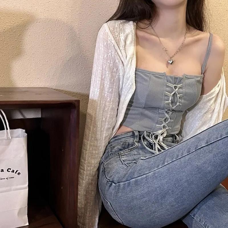White Tie Up Summer Cardigan Women Sexy Long Sleeve Sheer Mesh Crop Tops Woman Chic All Match Short Printed T Shirt Mujer