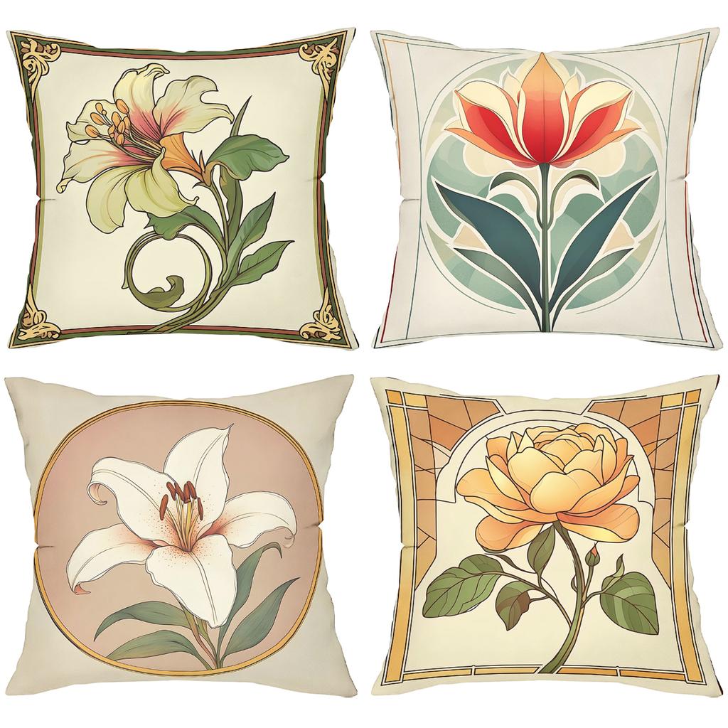 Floral Patterned Throw Pillows Art Nouveau Style Polyester Pillowcase, Sofa Decorative Cushion Cov Headboard Pillow