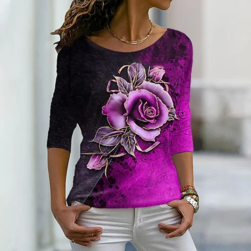 Autumn versatile long sleeved women's T-shirt with floral pattern printed regular retro casual O-Neck Bohemian multi-color top