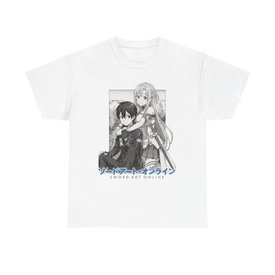 Übergroßes Weißes Kurzarm-T-Shirt mit Kirito & Asuna aus Sword Art Online Schwarz-Weiß Manga-Stil Klassische Umarmungs-Szene Grafikdruck