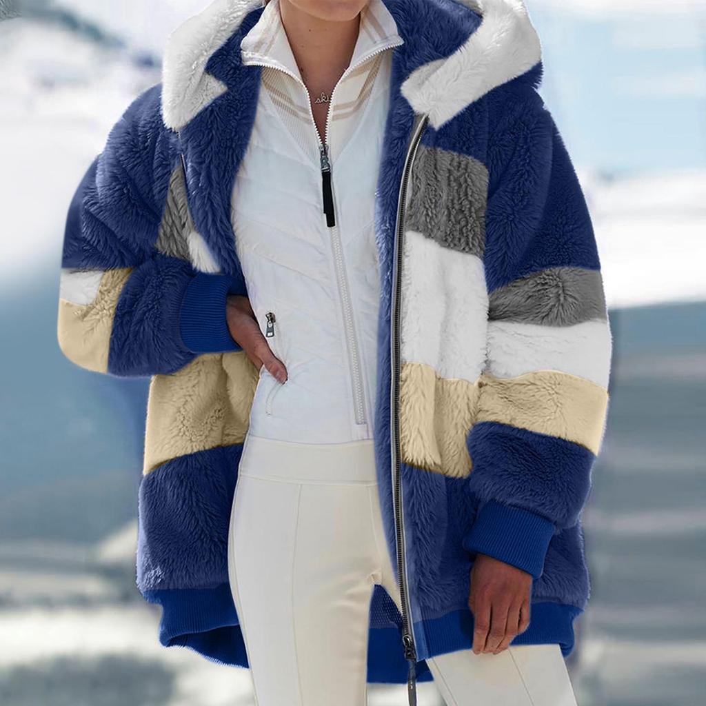 Manteau à capuche pour femmes, mode épissage, ample, peluche, manches longues, fermeture éclair, poche, hiver