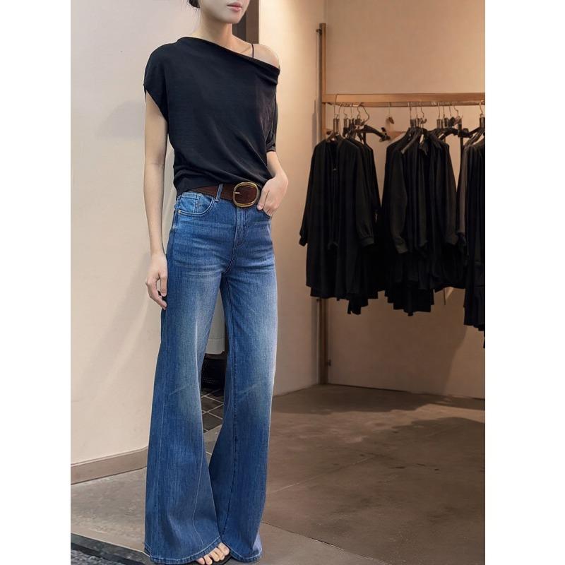 

Thirteen lines of quality retro blue high-waisted elastic wide-leg jeans women s early autumn new straight mopping pants M темно-синий