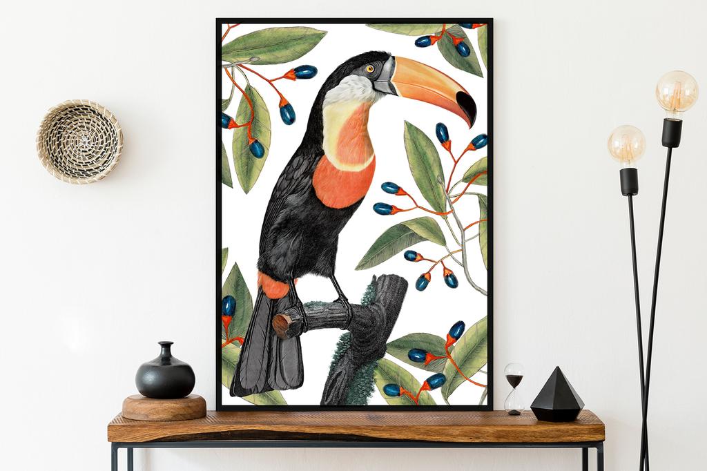 Poster Tukan im Laub in schwarzem Rahmen