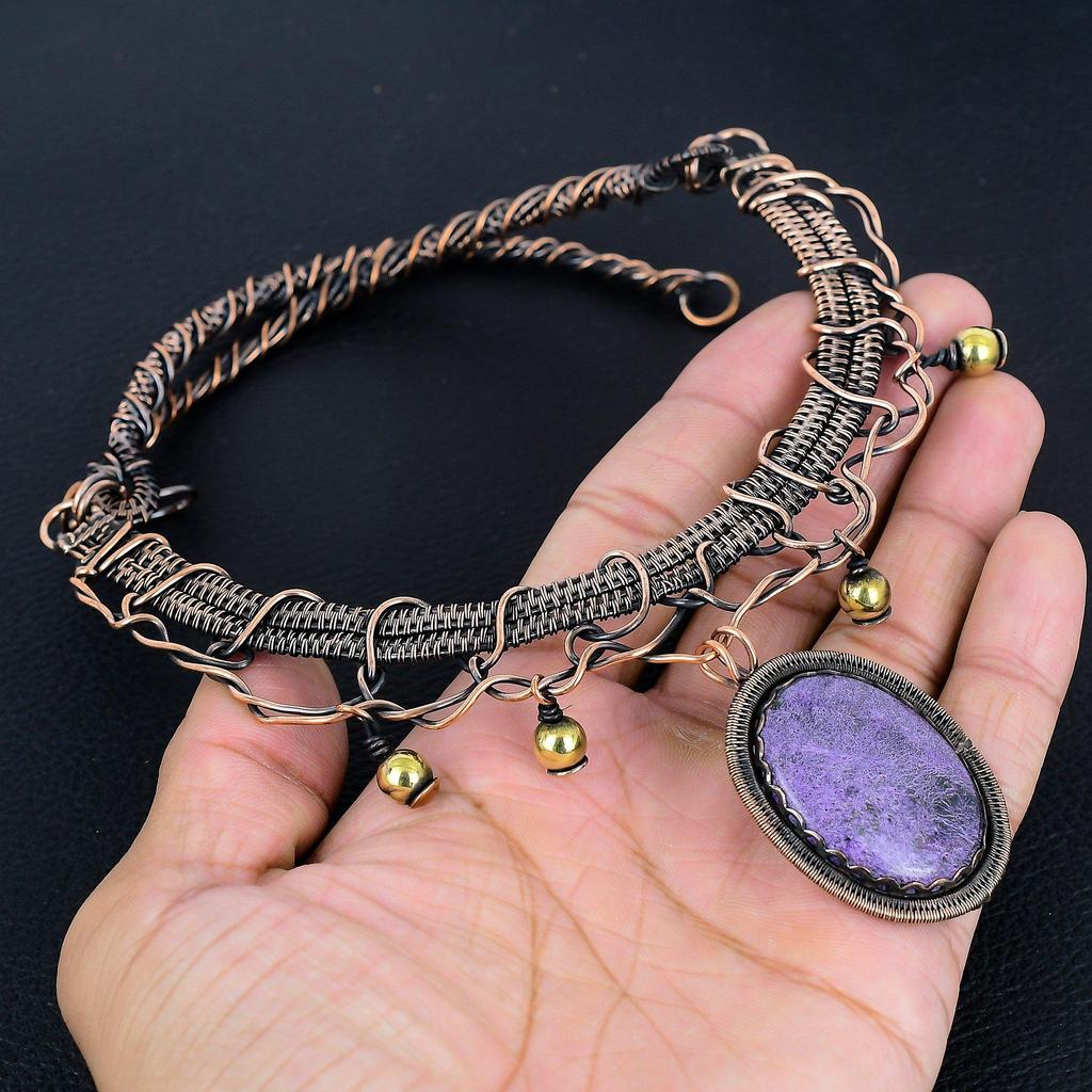 Purpurite 999 Copper Wire Wrapped Necklace, Handmade Gemstone Jewelry Necklace For Memorial Day