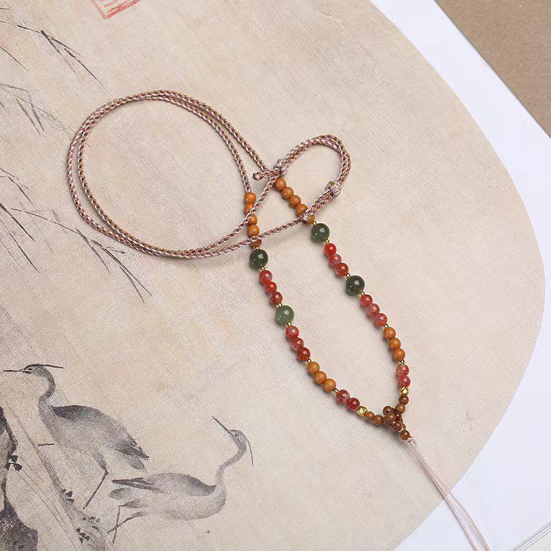 Adjustable Hand-Woven Pendant Cord with Agate, Hetian Jade, and Sandalwood Beads