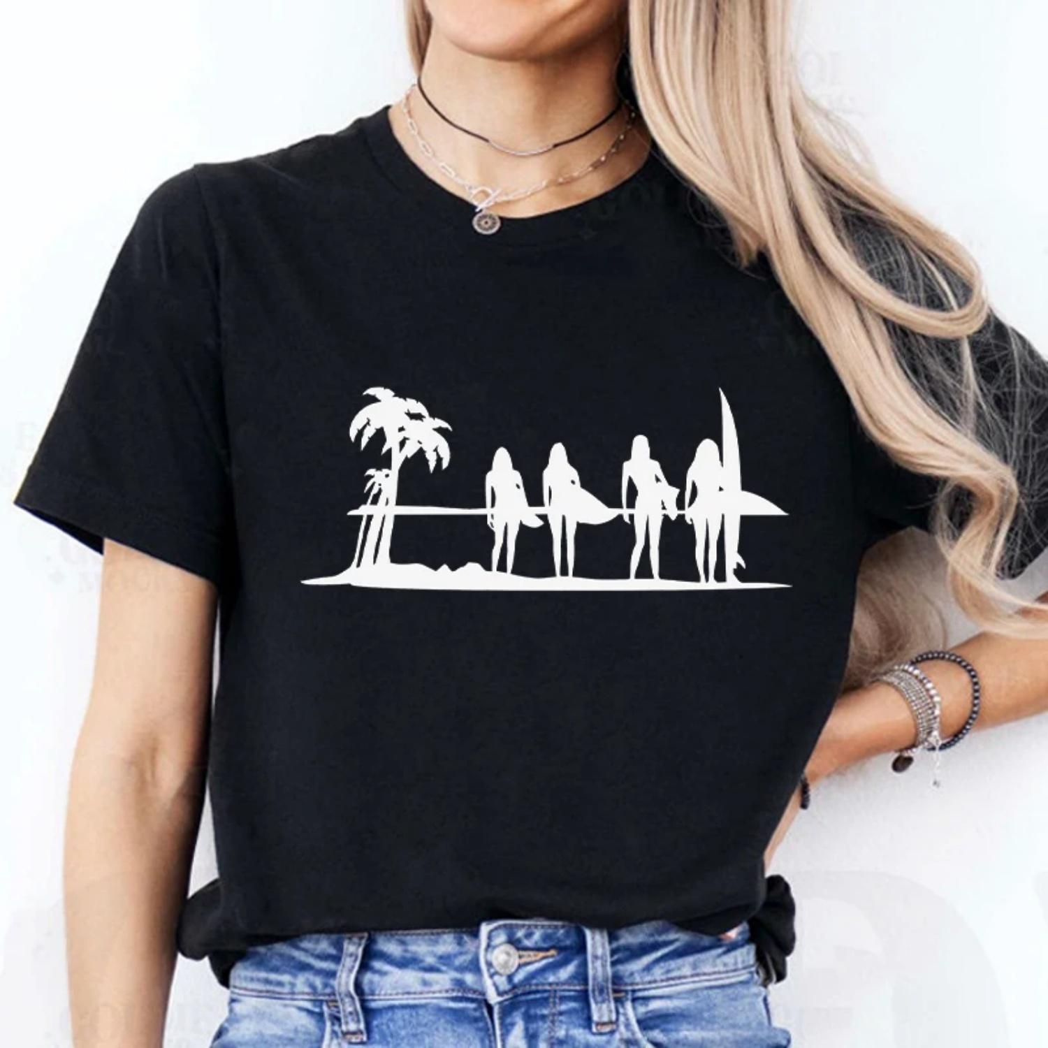 

Surfer Girl Printed T-Shirt Women Clothing Fashion Casual Harajuku O-Neck Short Sleeve Soft Tees Shirt Surfing Graphic Y2k Tops S чёрный