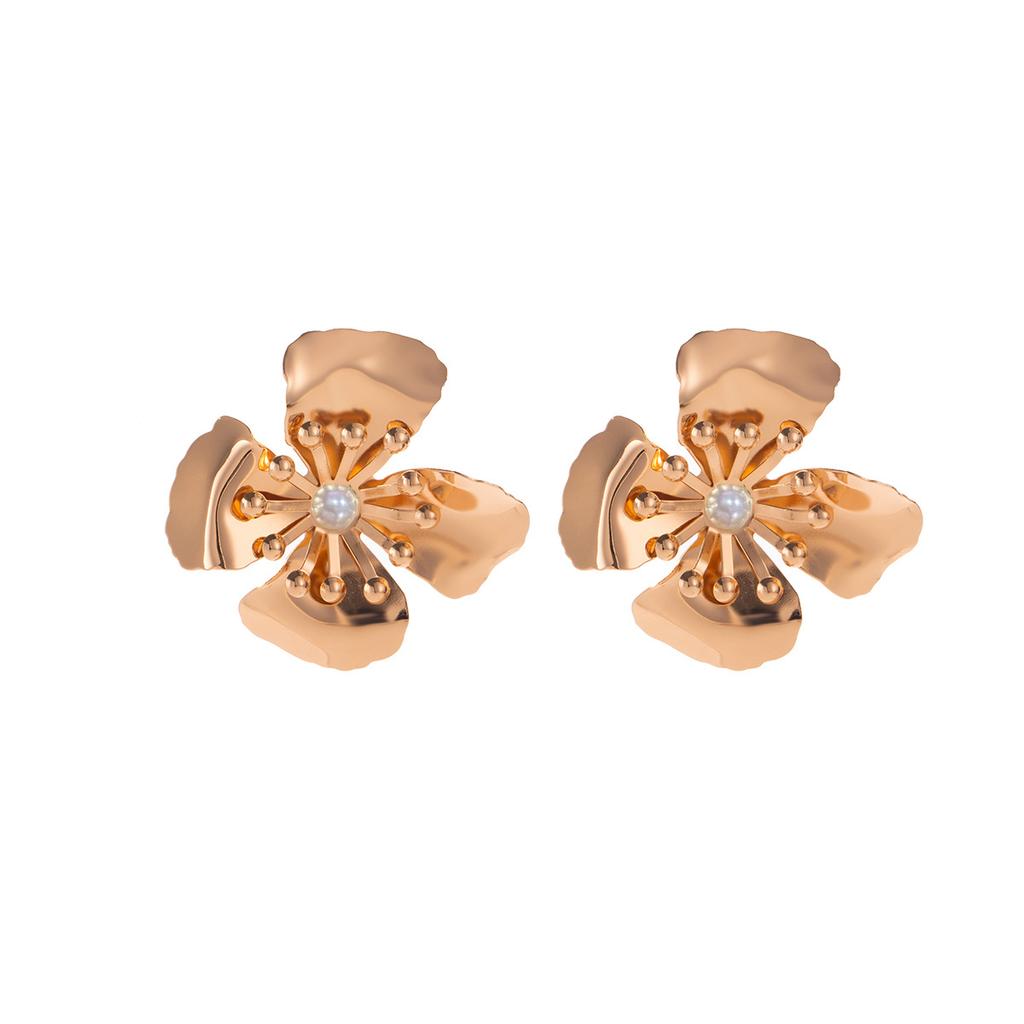 Fashion Metal Flower Petal Earrings Retro Sense Simple Premium Pearl Stud Earrings Design Sense Earrings Women