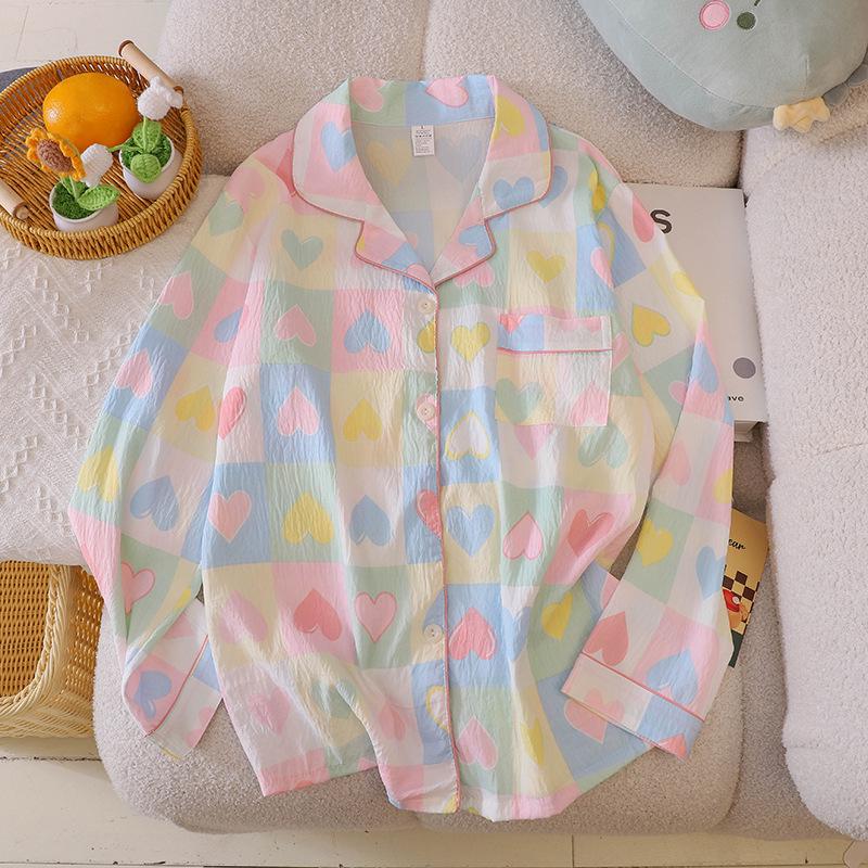 Damen grenzüberschreitender Liebes-Pyjama-Set: Langärmiger Cardigan & Hose, Wolkenbaumwolle für Frühling, Herbst und Klimaanlagen.