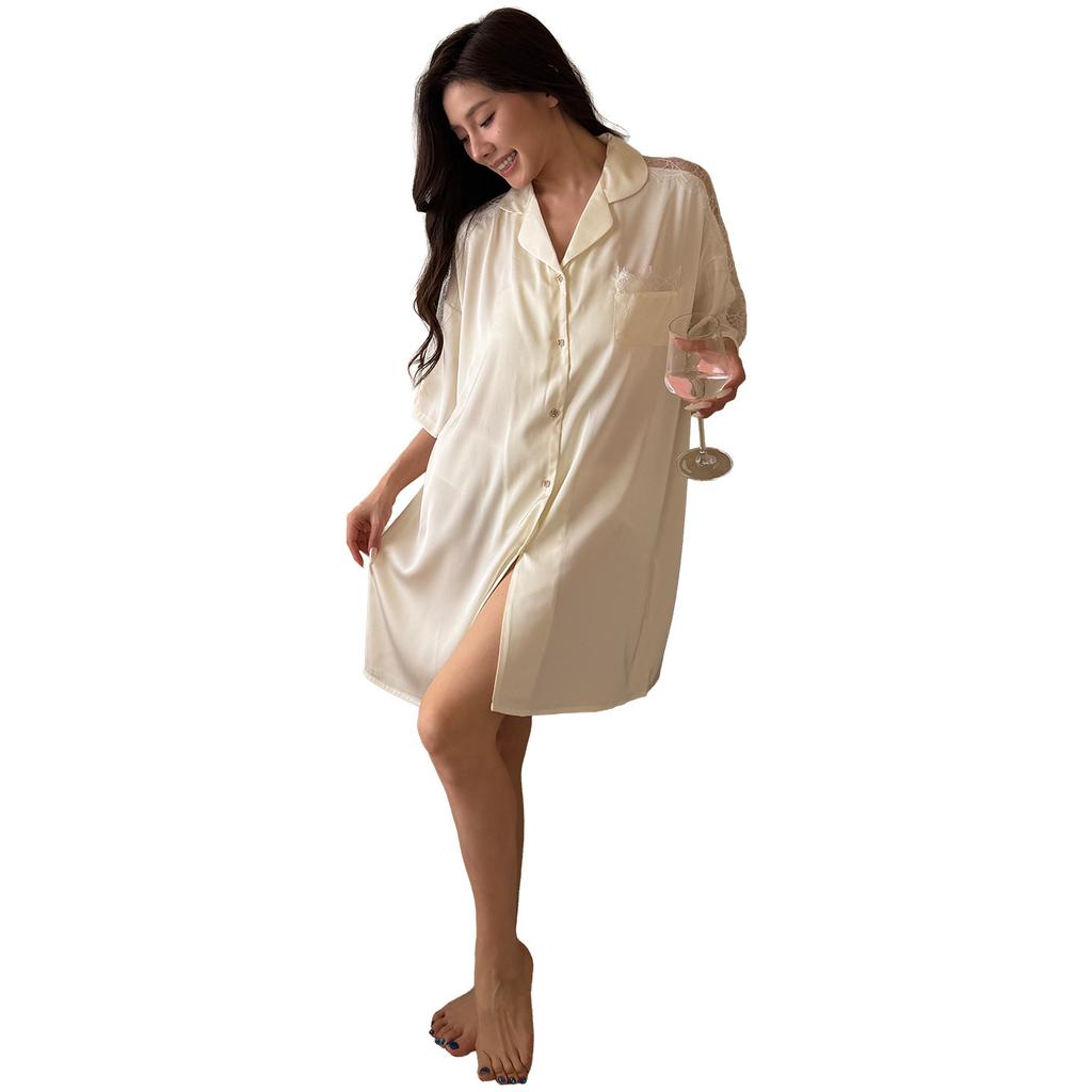 Ice Silk Sexy Cardigan Nightgown Summer Thin Boyfriend High-end Loungewear Shirt Pajamas New Pure Desire Lapel