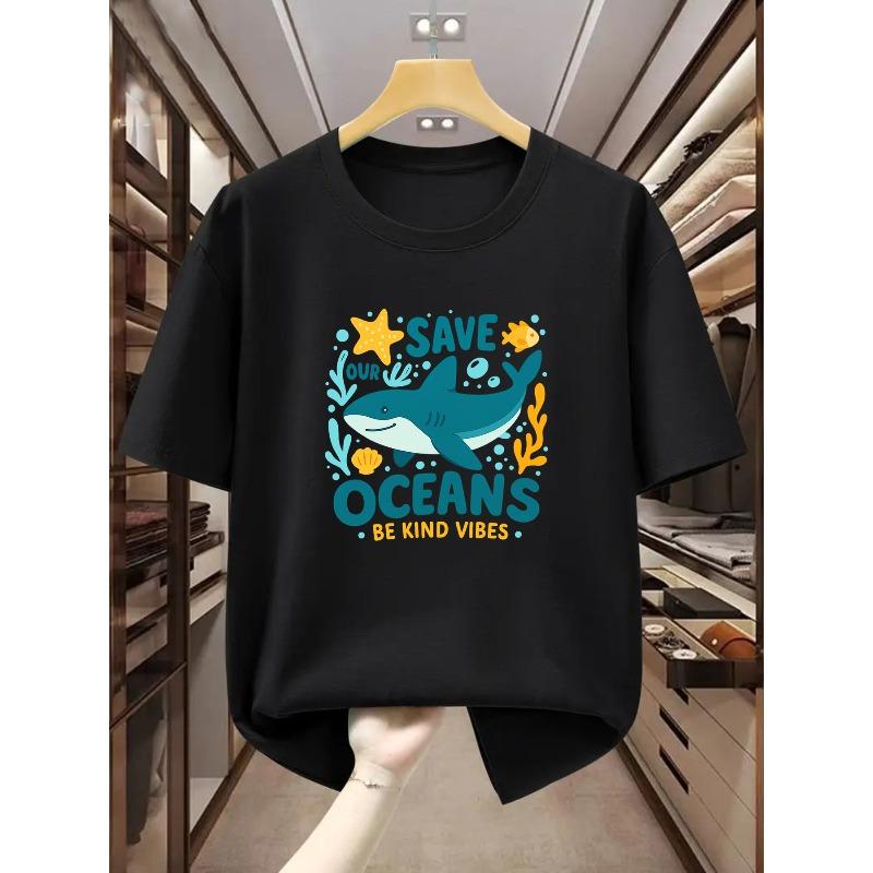 Европейские размеры Мужская футболка Хлопок Спасите Наши Океаны Добрые Вибрации Графика Акулы Толстовка Удобная Повседневная Футболка с коротким рукавом Летом S чёрный