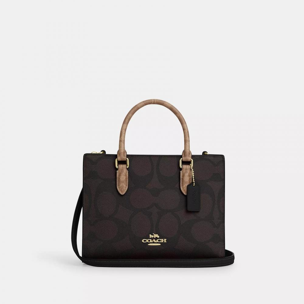 Coach Maggie Small Tote Bag In Blocked Signature Canvas Gold Walnut Tan